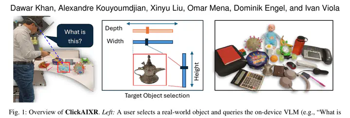 ClickAIXR interaction flow for selecting a physical object and querying an on-device vision-language model