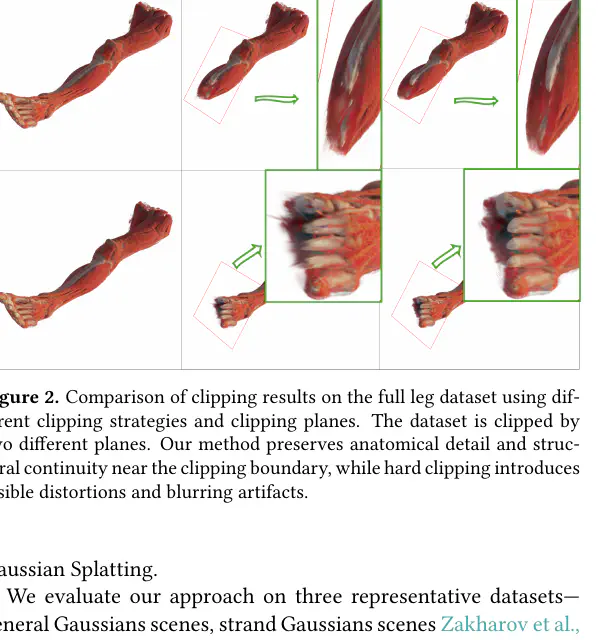 Examples of clipping Gaussian Splatting scenes with the RaRa hybrid rendering method